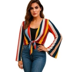 Forever 21 Rayon Striped Tie-Front Bell Sleeve Top